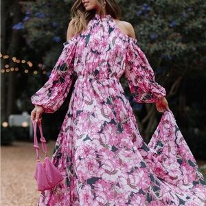 Pink Floral Long Sleeve Cold Shoulder Dress